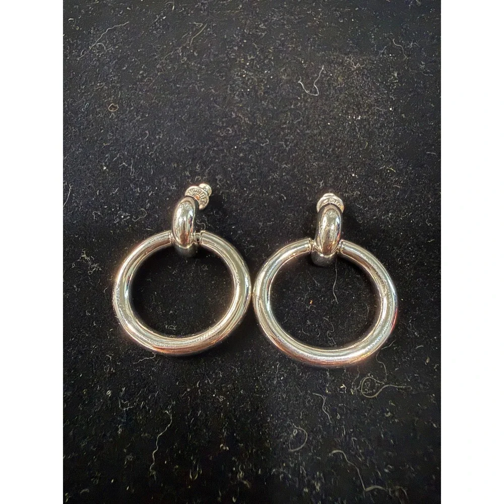 Monet Vintage Silver Tone‎ Door Knocker Hoop Drop Earrings Post Back Round Retro